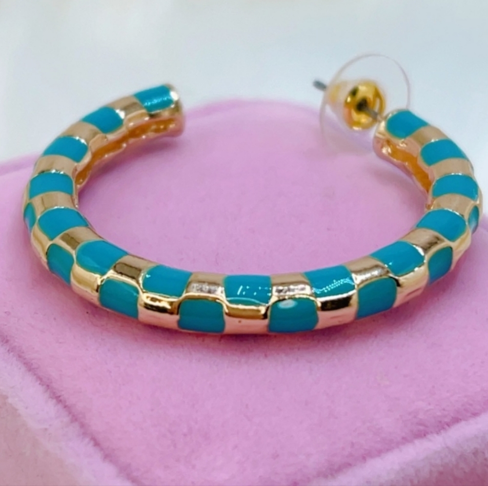 NWOT Gold Plated teal blue hoop PIERCED earrings - Picture 4 of 6